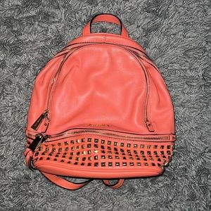 MICHAEL KORS Rhea Small Studded Leather Backpack-Coral/Gold